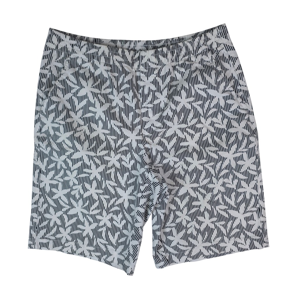 Lands End Shorts Womens 10 White Black Floral Striped Mid Rise Bermuda Stretch